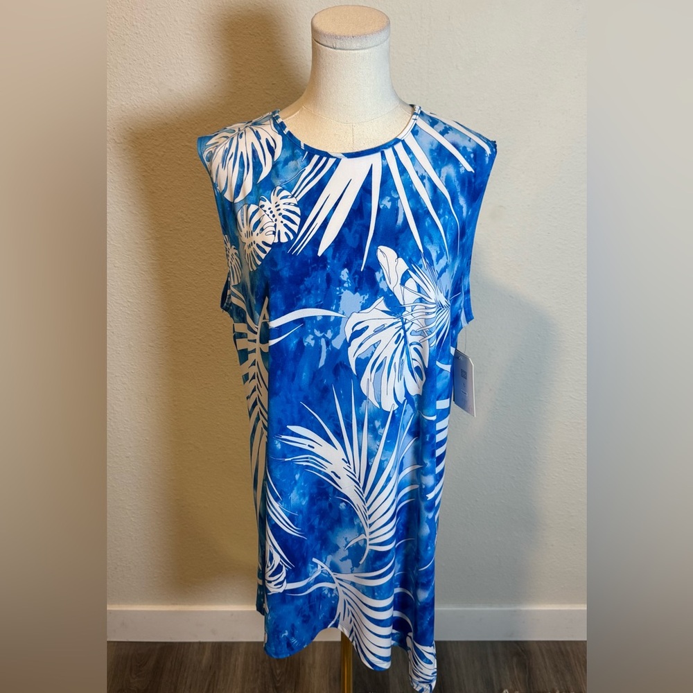 NWT CLARA SUNWOO Blue & White Palm Leaf Print Asymmetrical Tunic size Large
